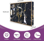 Gifturbo Black Serving Tray,Marble Decorative Serving Trays with Handles, Coffee Table Tray Ottoman Rectangular Plastic Trays with Gold Rim for Living Room, Bathroom，15.7 x 10.2 x1.37 inches