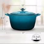 Signature Enameled Cast Iron Dutch Oven, Non-Stick Serving Pot with Tight Fitting Lid for Perfect Roasting, Baking, Sauteing, and Bread Making | 13.5Q (12.7L) - Ocean Blue