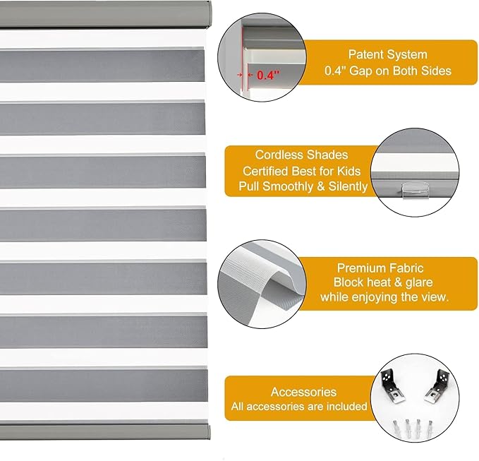 Persilux Cordless Zebra Blinds for Windows (35" W X 72" H, Grey) Free-Stop Dual Layer Roller Windows Shades for Day and Night, Light Filtering Sheer Shades for Home, Easy to Install