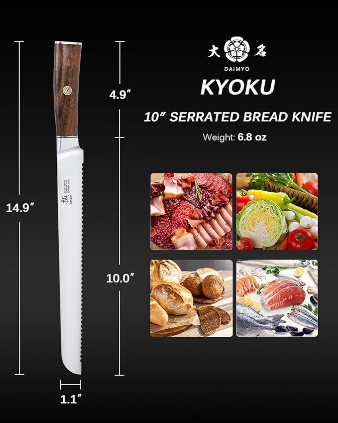 KYOKU 10 Inch Bread Knife - Daimyo Series - Serrated Knife with Ergonomic Rosewood Handle, and Mosaic Pin - Japanese 440C Stainless Steel Bread Cutter with Sheath and Case
