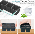 Large Silicone Ice Cube Tray 3Pack, SAWNZC Big Square Ice Cube Molds for Whisky Cocktail, Ice Maker Tray with Lid for Freezer, Easy Release (3, Black)