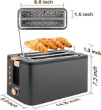 Mecity 4 Slice Toaster, Long Slot Toaster With Warming Rack, Timer, Bagel, Defrost, Reheat Functions, Crumb Tray, 6 Browning Settings, Extra Wide Long Slots, Stainless Steel, 1300W, Grey
