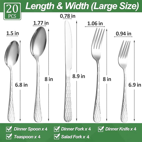 20 Pcs Silverware Set for 4 with Water Cube Handle design, Food Grade Stainless Steel Flatware Set, Eating Utensils Sets Include Fork/Knife/Spoon, Reusable Cutlery Set, Dishwasher Safe