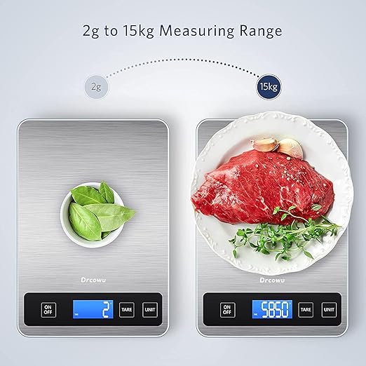 Large Digital Kitchen Scale, Drcowu 15kg Food Kitchen Scales for Baking, Cooking, Keto and Meal Prep, Food Weight Scale with 1g Accuracy and LCD Display, Easy to Read, Grams and Oz (Silver)