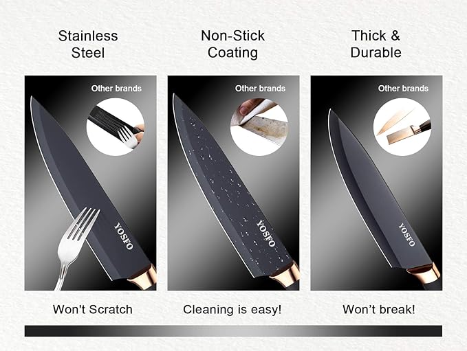 Stainless Steel Chef Knife Set, 6 Piece - Includes 8" Chef, 8" Bread, 7" Santoku, 5" Utility, 8" Carving & 3.5" Paring Knives (Black)