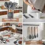 77L 32 PCS Silicone Kitchen Cooking Utensils Set, Non-Stick Cooking Kitchen Utensils Spatula Set with Holder, Turner, Tongs, Spatula, Spoon, Wooden Handle Kitchen Gadgets Utensil Set, Dishwasher Safe