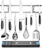 Zulay (12 Inch) Stainless Steel Magnetic Knife Holder For Wall - Powerful Knife Magnetic Strip With Extra Hanging Hooks - Wall Mount Magnetic Knife Strip & Organizer For Kitchen & Tools (Silver)