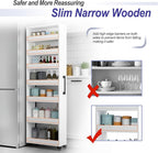 7-Tier Slim Storage Cart, Wooden Rolling Pantry Cabinet with Wheels, Narrow Shelf Organizer for Kitchen, Bakers Rack, Dining Room, Closet, Small Spaces Warm White 47.2" H*9.8" W*16.9" D