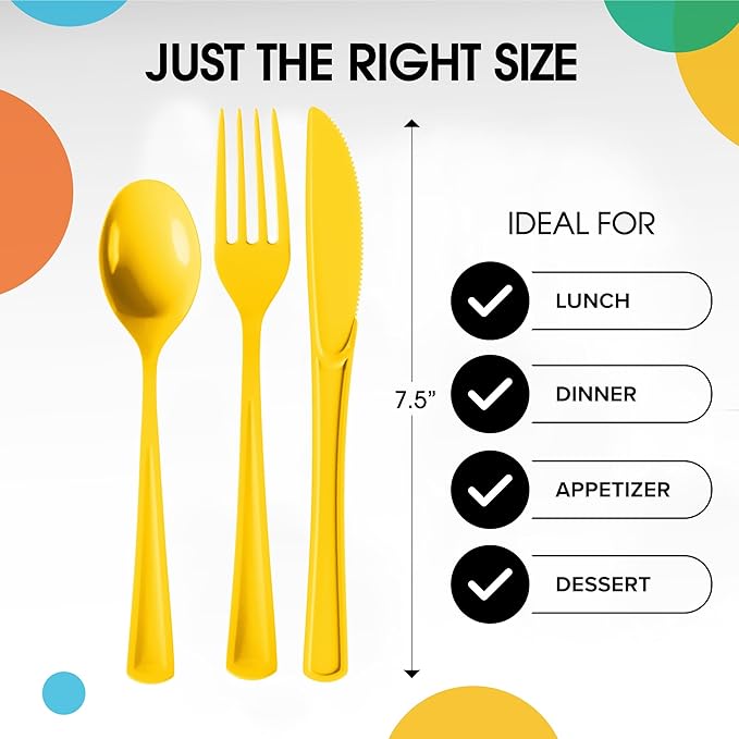 Party Solids Yellow Plastic Silverware Heavy Duty 150 Pieces Yellow Plastic Cutlery Sets, Utensil Sets, 50 Of Each Forks, Knives & Spoons Disposable Cutlery Set, Flatware Set For Party Supplies