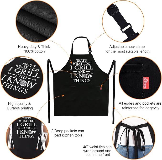 Funny Grilling Aprons for Men - BBQ Cooking Apron with 2 Pockets, Adjustable Neck Strap and 40" Long Ties - That's What I Do I Grill and I Know Things