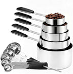 Measuring Cups and Spoons Set, Stainless Steel 10 Piece for Cooking and Baking (5 Cups + 5 Spoons, Black Handle)