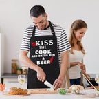 Grilling Apron - KISS THE COOK AND BRING HIM A BEER - Funny BBQ Aprons for Men Women Chef, Adjustable Kitchen Bib Apron with 2 Pockets and 40" Long Ties, Perfect for Cooking, Baking - Black