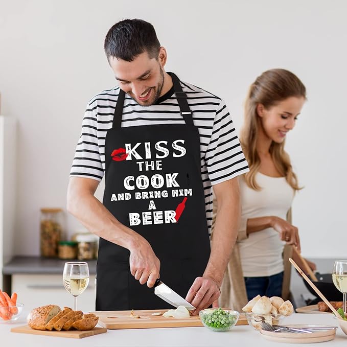 Grilling Apron - KISS THE COOK AND BRING HIM A BEER - Funny BBQ Aprons for Men Women Chef, Adjustable Kitchen Bib Apron with 2 Pockets and 40" Long Ties, Perfect for Cooking, Baking - Black