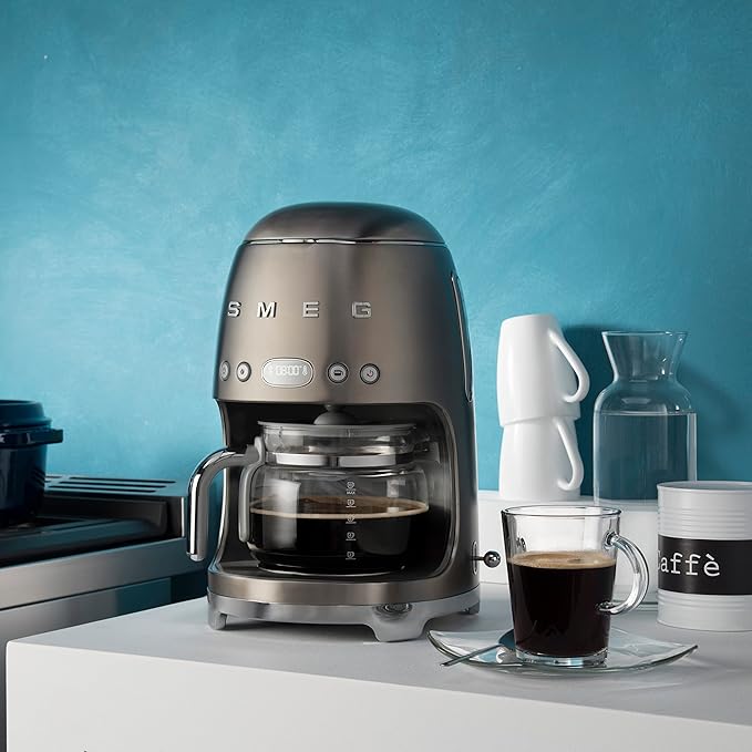 Smeg 50's Retro Style Aesthetic Drip Coffee Machine with 10 Cup Glass Carafe, Auto Start Feature, Keep Warm Plate, and Two Coffee Strength Settings (Brushed Stainless Steel)