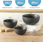 Tikoore Ceramic Mixing Bowls Set of 3, 24oz 40oz 88oz Nesting Bowl Ideal for Parties Dinners Serving Salad Fruit, Versatile for Mixing Prepping Serving in Kitchen, Dishwasher Microwave Safe Black