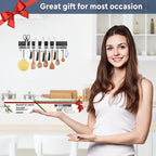 17 inch magnetic knife holder with 10 hooks, No Drilling black knife magnetic strip and utensil hanger for wall, Powerful knife magnet rack include tape and screws