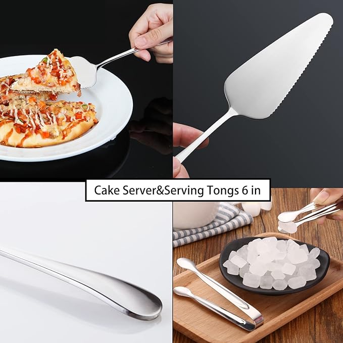 11 PCS Serving Utensils, Large Stainless Steel Spoons Forks Tongs, Pie Server, Great for Hostess Buffet Catering Banquet Party, Silver
