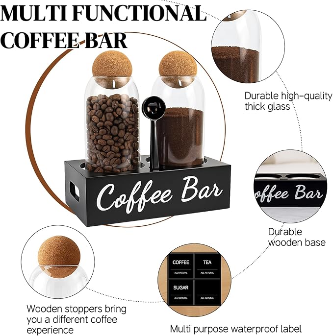 Coffee Container Set of 2 – 34oz Airtight Glass Coffee Bean Storage Jars with Wooden Lids, Metal Scoop & Wooden Base, Coffee Bar Organizer for Countertop, Tea & Sugar Canisters with Labels