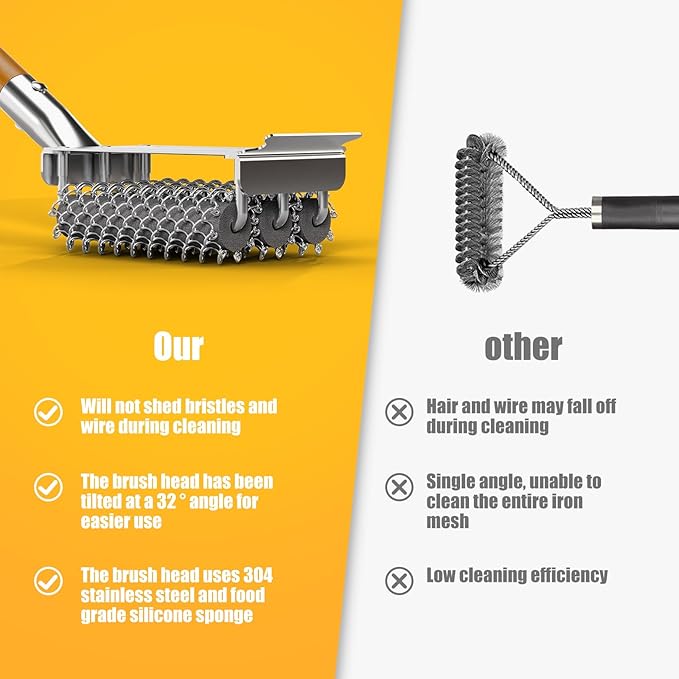 HOUSE AGAIN Grill Brush and Scraper Bristle Free with 3 Replacement Head 304 Stainless Steel Food-Grade Grill Accessories, Safe BBQ Cleaner Brush Strong Barbecue Cleaning Brush for Outdoor Grill Grate