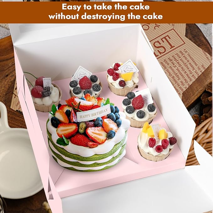 Pink 1+5 paper box 10pcs Bakery Boxes with Window,Stackable Cake and Cupcake Carriers, for Birthdays & Parties (Pink, 1+5(10Pack))