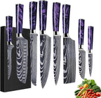 8-Piece Premium Japanese Kitchen Knife Set - Imperial Collection, Laser Damascus Pattern, 440A Stainless Steel Ultra Sharp for Fast Cutting (Purple 8J)
