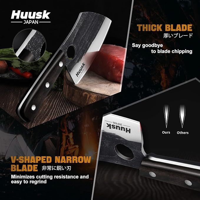 Huusk Serbian Chef Knife with Full Tang Handle Forged Butcher Knives for Meat Cutting Meat Cleaver Knife with Sheath for Halloween Kitchen Hunting or Camping Christmas Gift for Men and Women