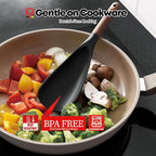 Set of 2pc Silicone Cooking Utensils: Wooden Handle Cooking & Serving Spoon+ Multi-Purpose Cooking Spoon, Heat Resistant Cooking Utensil, BPA Free, Safe Material for All Cooking Surfaces