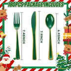 WDF 180PCS Green Plastic Silverware - Green Utensils 60 Forks, 60 Knives and 60 Spoons - Heavy Duty Christmas Plastic Cutlery for Party Supplies/Christmas