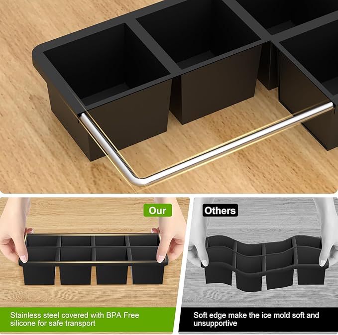 Samuelworld Large Silicone Ice Cube Tray Molds, Big 2 Inch Cubes 3 Pack- Food Grade, Flexible, 8 Cavity Easy Release Slow Melting Ice for Whiskey, Cocktails, Gifts & Christmas - Black (Ice Bag)