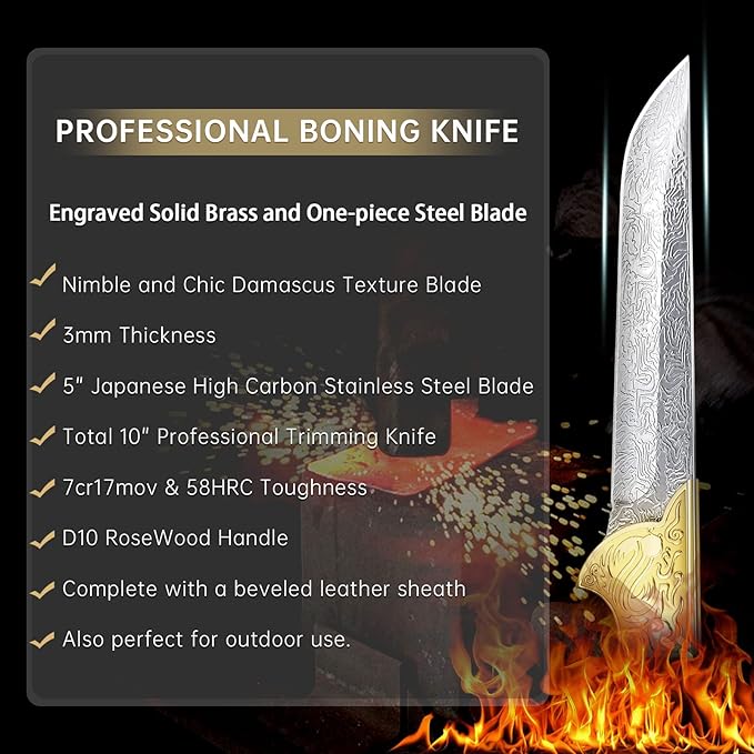 Purple Dragon 5" Boning Knife - Japanese Steel Professional Fillet Knife with Sheath, Elegant Blade, Sharp for Meat, Fish, Camping, Gift Box Included