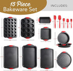 Eatex Nonstick Bakeware Set, 15-Piece with Muffin Pan, Cake Pan & Cookie Sheets for Baking, Steel Baking Sheets for Oven with Kitchen Utensils - Black