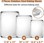 TeamFar Baking Sheet Set of 3, 17.6/16/ 12.5 Inch Stainless Steel Cookie Sheets Baking Pans, Metal Oven Baking Tray for Cooking Roasting Serving, Non-Toxic & Mirror Finish & Dishwasher Safe