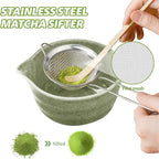 Matcha Whisk Set, 17oz Ceramic Bowl with Spout, Bamboo Matcha Scoop and Stainless Sifter - 5 Pcs Jade Green Matcha Kit, Matcha Kit for Making Breakfast/Latte,Gift for Matcha Lovers