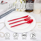 PULOTE 150PCS Red Plastic Silverware Set - Heavy Duty Plastic Cutlery - Red Utensils Disposable Include 50 Forks, 50 Spoons, 50 Knives for Party, Wedding & Mother’s Day