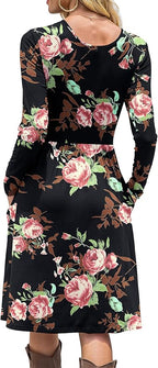 DB MOON Women Casual Long Sleeve Dresses Empire Waist Knee Length Loose Dress with Pockets
