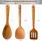 SarnThai Wooden Spoons for Cooking – 3 PCS Handcrafted Thai Teak Utensil Set, Stirring Spatula & Serving Spoon, Eco-Friendly, Ideal as Wok Spatula Wood