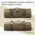 HEZHEN Chef Knife Roll Bag 16oz Oil Waxed Canvas, Heavy Duty Portable Backpack Knife Case Storage, 12 Slots & 2 Zipper Pockets, Detachable Adjustable Leather Shoulder Strap Belt（Not Included Knives）