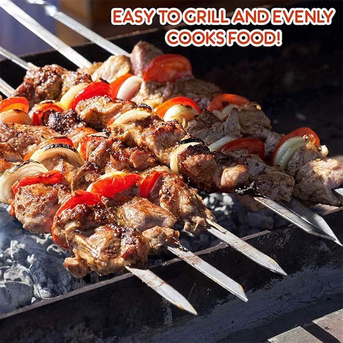 12PCS Kabob Skewers Flat Metal BBQ Barbecue Skewer 14" Long Stainless Steel Shish Kebob Sticks Wide Reusable Grilling Skewers Set for Meat Shrimp Chicken Vegetable, 12 Pack