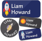 Personalized Daycare Name Labels for Kids (130 Labels) - Custom Waterproof Name Stickers for Clothing Tags, Water Bottles, Lunch Boxes and School Supplies (Space)