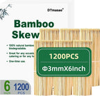 1200PCS 6 inch Bamboo Skewers for wooden sticks， BBQ，Appetiser，Fruit，Cocktail，Kabob，Chocolate Fountain，Grilling，Kitchen，crafting and Party. Φ=3mm, More Size Choices 6"/8"/10"/12"/36"