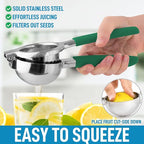 Zulay Kitchen Lemon Squeezer Stainless Steel with Premium Heavy Duty Solid Metal Squeezer Bowl and Food Grade Silicone Handles - Large Manual Citrus Press Juicer and SS Lime Squeezer (Green)