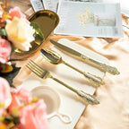 N9R 300pcs Gold Plastic Silverware Dinnerware Flatware- Heavyweight Plastic Cutlery Set, 100 Forks, 100 Spoons, 100 Knives, Gold Utensils for Party, Thanksgiving, Christmas