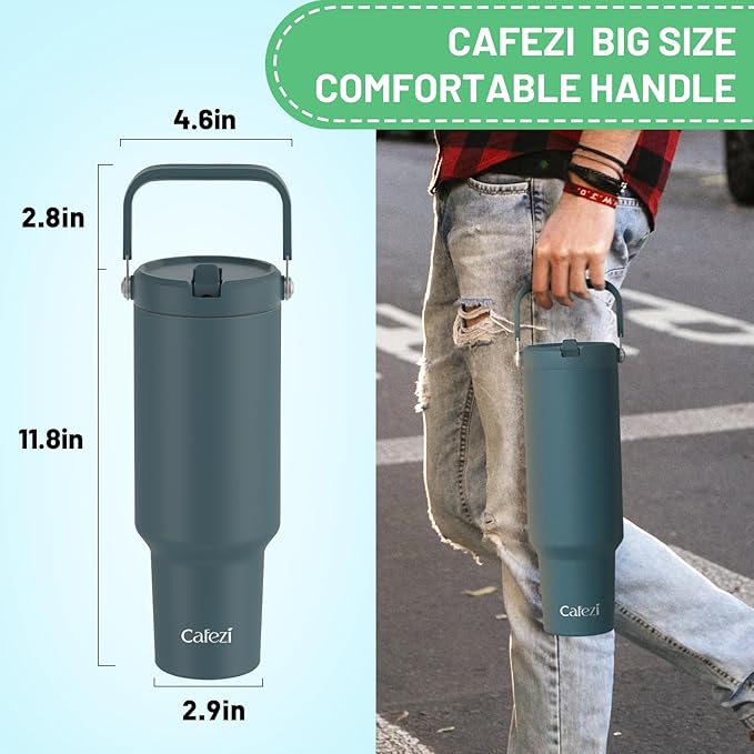 50 oz Insulated Water Bottle, Stainless Steel Water Bottles with Flip Straw and Top Handle, Leak Proof Flip, No Sweat, Fits in Cup Holder, Vacuum Insulated Cup for Home, Office, Outdoors, Car