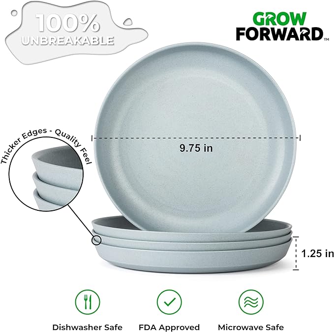 Grow Forward Premium Wheat Straw Plates and Bowls Sets - 8-Piece Wheat Straw Dinnerware Sets - Unbreakable & Reusable Microwave Safe Plastic Dinner Plates for Outdoors, RV, Camping Dishes - Glacier
