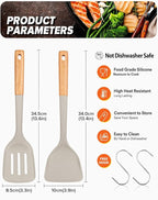 Silicone Wok Spatula Turner Set, Perfect for Scooping, Flipping, Lifting Pancakes and Picking up Veggies, BPA-Free Matte Silicone, Wooden Handles, Safe for Nonstick Cooking Surfaces (Khaki)