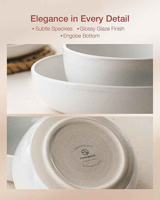 Famiware Milkyway Stoneware Dinnerware Sets with Pasta Bowls, Service for 4 (16 Pieces), Plates and Bowls Sets -Scratch Resistant, Microwave and Dishwasher Safe Dishes Set, White