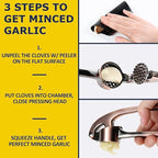 Premium Garlic Press Stainless Steel - Elevate Your Culinary Experience with Our Premium Garlic Mincer, Crusher & Peeler Set, Dishwasher Safe & Rust-proof (Bronze)