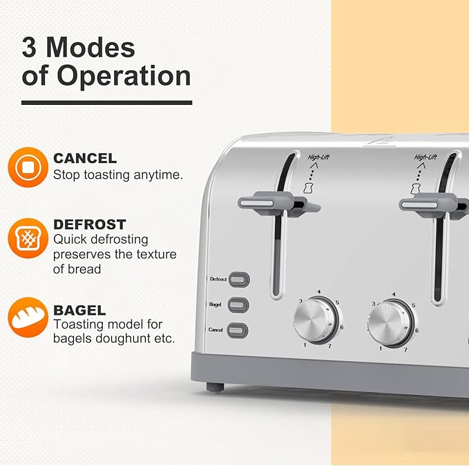 Toaster 4 Slice Retro Stainless Steel,Best Prime 4 Slice Toaster Wide Solt with 7 Shade Settings, Perfect for Waffles, Bagels and More Lainsten T-527