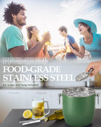 Insulated Ice Bucket, 3L Double Wall Stainless Steel Ice Bucket with Tongs,Lid, Scoop and Strainer, Ice Buckets for Parties,Cocktail Bars, Chilling Beer, Champagne, Wine Bottles，Green