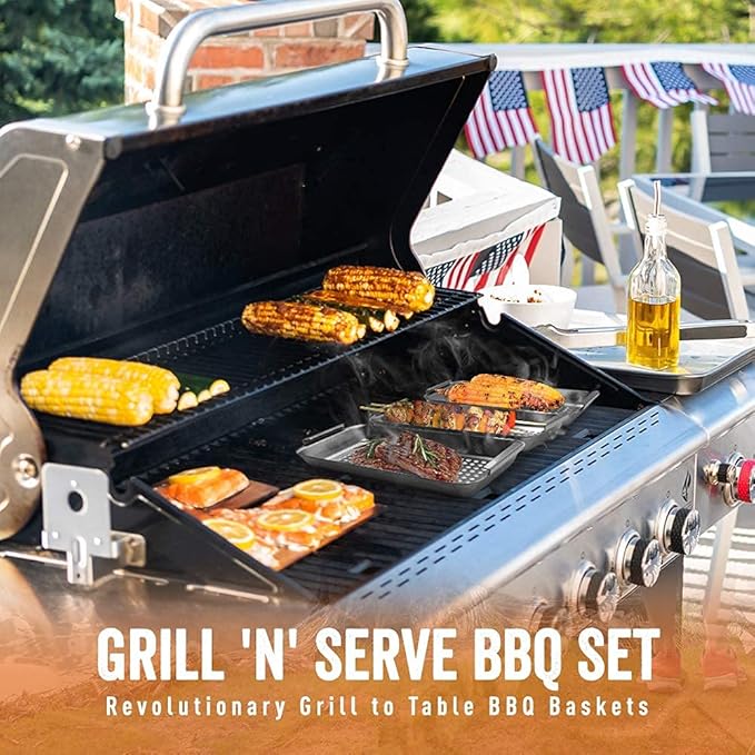 Yukon Glory Grill Basket Set, Stainless Steel BBQ 'N Serve 5-Piece with 3 Baskets, Removable Handle & Drip Tray for Vegetables, Fish, Shrimp